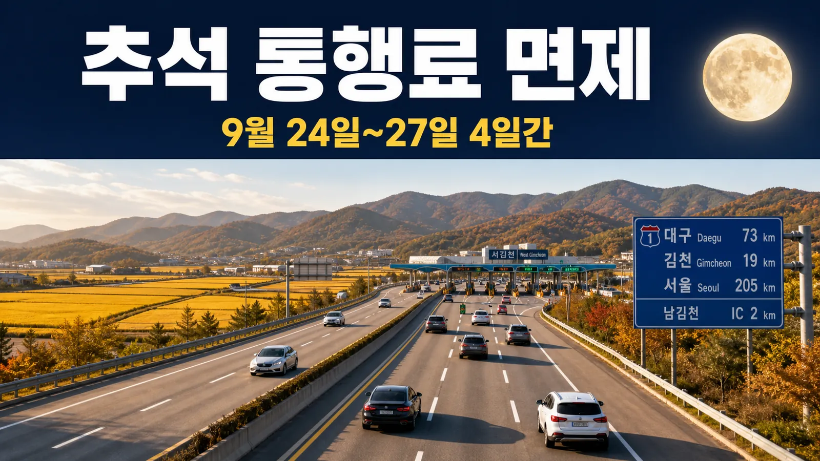추석 고속도로 통행료 면제 2026 총정리｜9월 24~27일 정체 피하는 법의 핵심 내용을 보여주는 가로형 대표 이미지