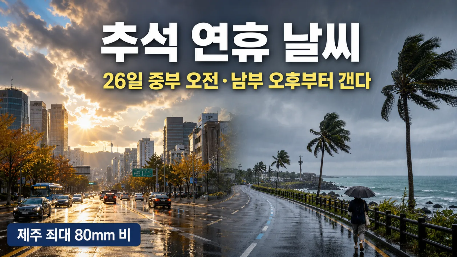 추석 연휴 날씨 국내여행, 26일 중부 오전·남부 오후부터 갠다의 핵심 내용을 보여주는 가로형 대표 이미지