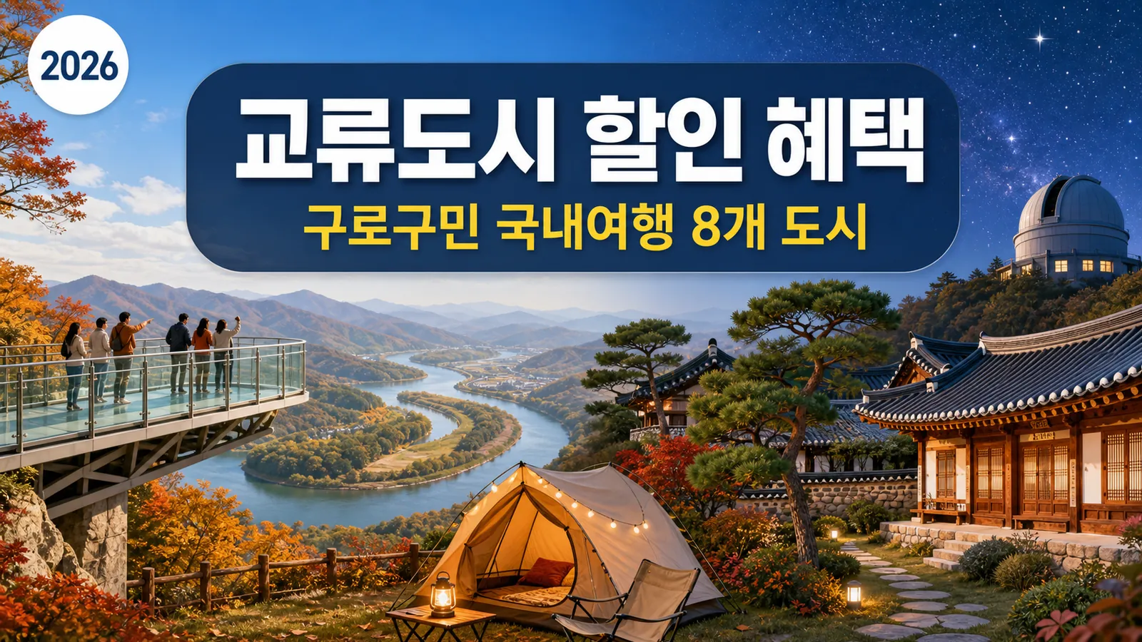 교류도시 할인 혜택 총정리, 구로구민 국내여행 8개 도시 관광·숙박 할인의 핵심 내용을 보여주는 가로형 대표 이미지