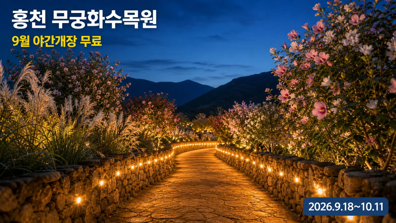 홍천 무궁화 수목원 9월 여행지 추천, 2026 야간개장 일정과 관람 꿀팁의 핵심 내용을 보여주는 가로형 대표 이미지