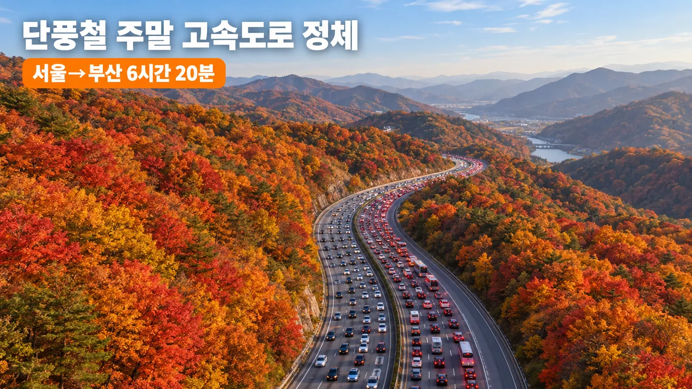 단풍철 주말 고속도로 정체, 서울→부산 6시간 20분 실화? 귀경길 생존 가이드의 핵심 내용을 보여주는 가로형 대표 이미지