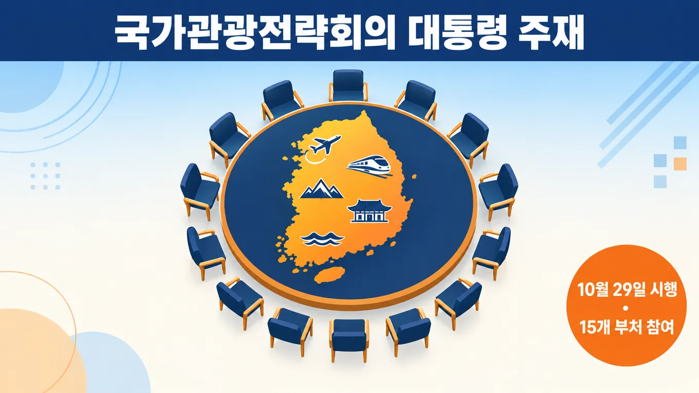 국가관광전략회의 대통령 주재로 격상, 15개 부처 함께하는 관광정책 새판짜기의 핵심 내용을 보여주는 가로형 대표 이미지