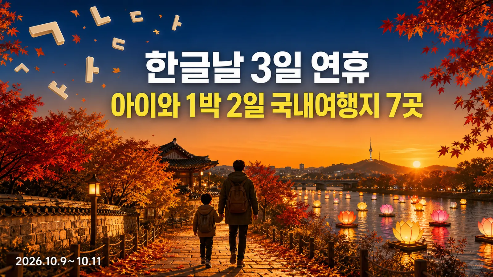 2026 한글날 3일 연휴, 초등학생 아이와 1박 2일로 딱 좋은 국내여행지 7곳의 핵심 내용을 보여주는 가로형 대표 이미지