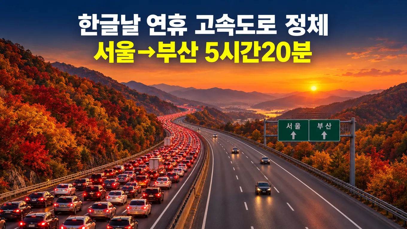 한글날 연휴 고속도로 정체, 둘째날 서울→부산 5시간20분 총정리의 핵심 내용을 보여주는 가로형 대표 이미지