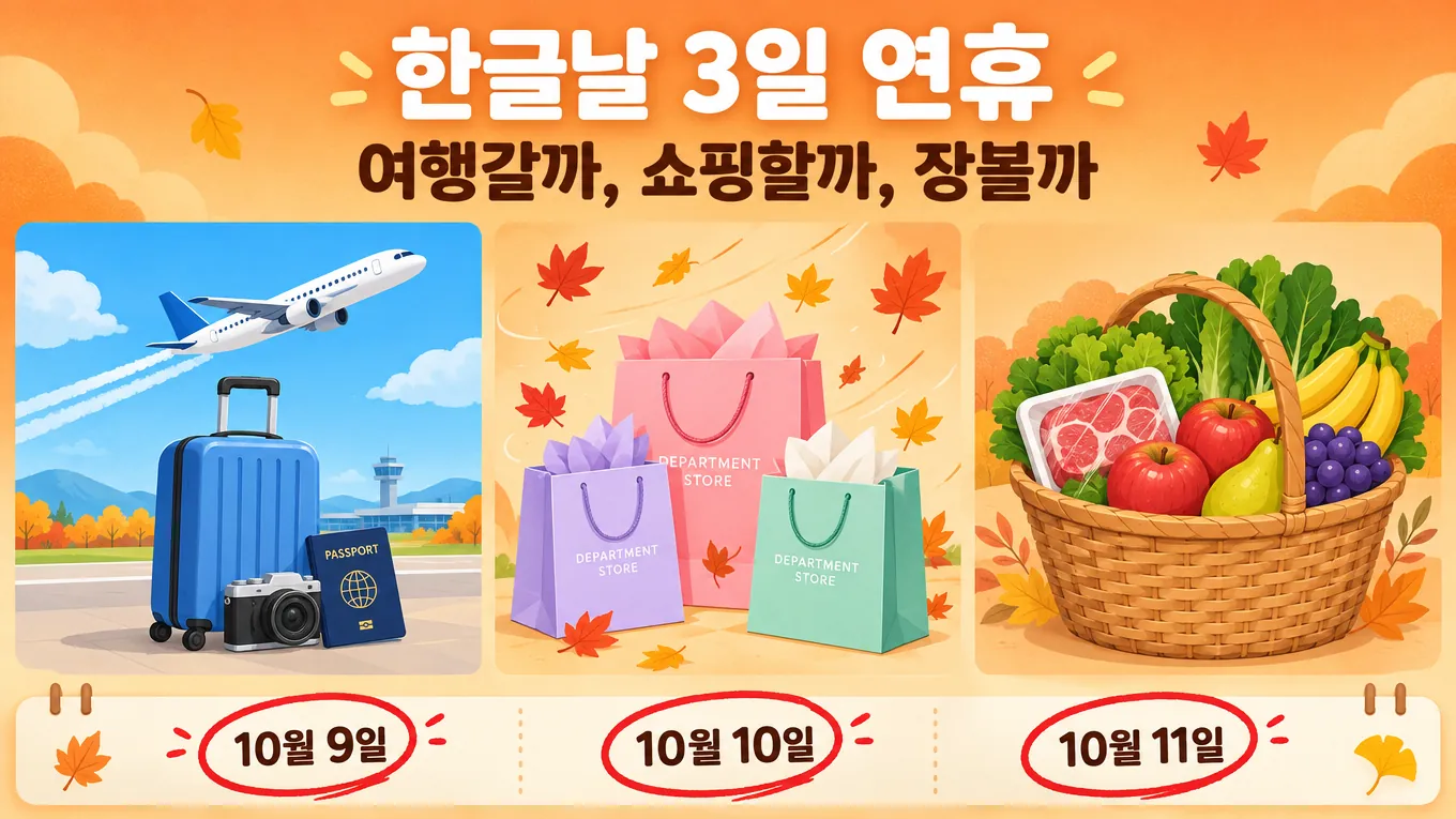 한글날 연휴 여행 갈까, 쇼핑할까, 장볼까? 3일 연휴 똑똑하게 쓰는 법의 핵심 내용을 보여주는 가로형 대표 이미지