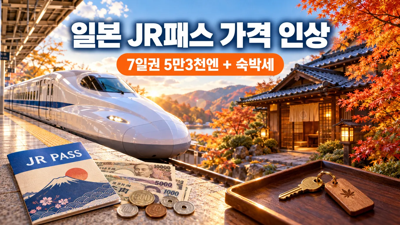 일본 JR패스 가격 인상, 7일권 5만3천엔에 지방 숙박세까지 총정리의 핵심 내용을 보여주는 가로형 대표 이미지