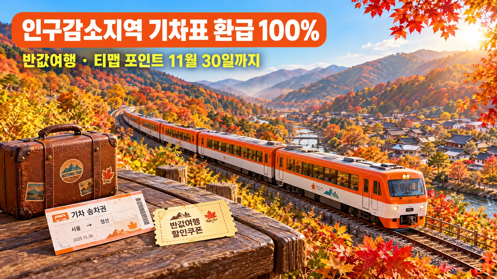 인구감소지역 기차표 환급 100%에 반값여행 70%까지, 11월 30일 전에 꼭 챙길 국내여행 꿀팁의 핵심 내용을 보여주는 가로형 대표 이미지