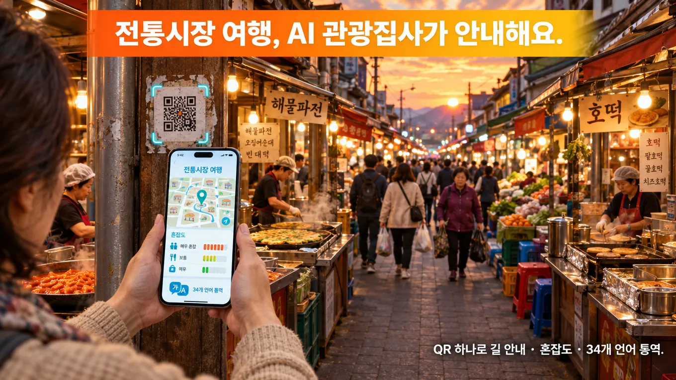 전통시장 AI 관광집사 등장, QR 하나로 길 안내·혼잡도·통역까지의 핵심 내용을 보여주는 가로형 대표 이미지