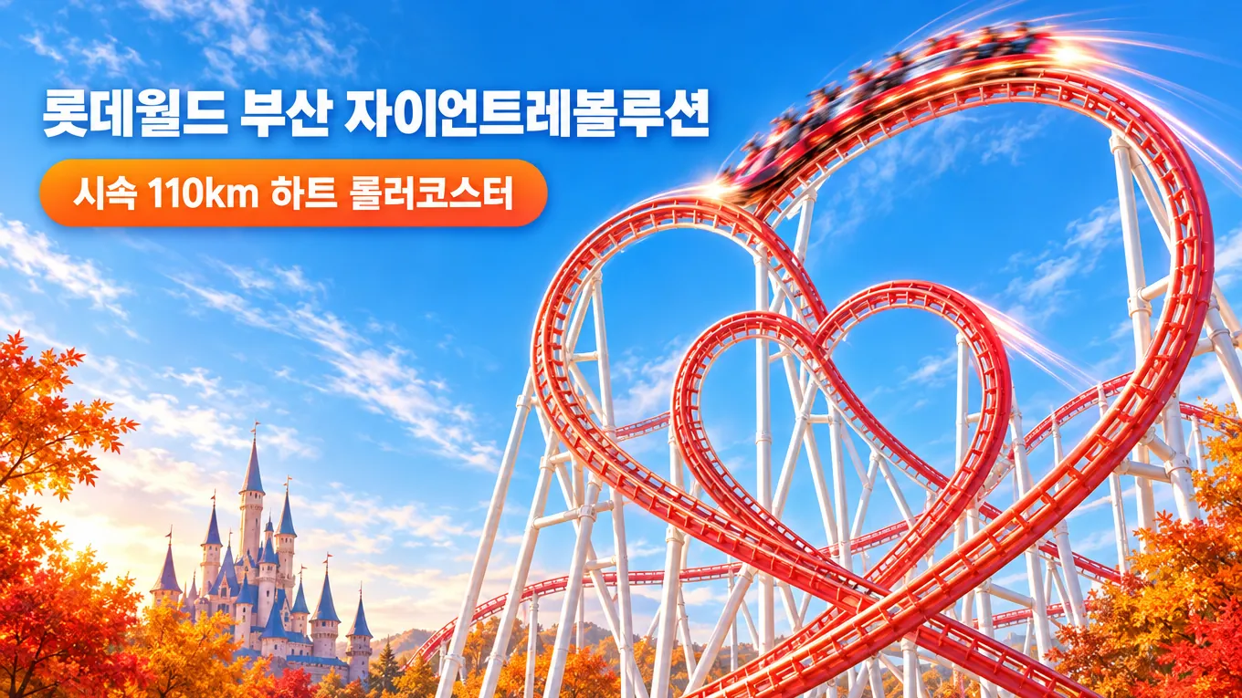 롯데월드 부산 자이언트레볼루션 총정리, 시속 110km 하트 롤러코스터의 핵심 내용을 보여주는 가로형 대표 이미지