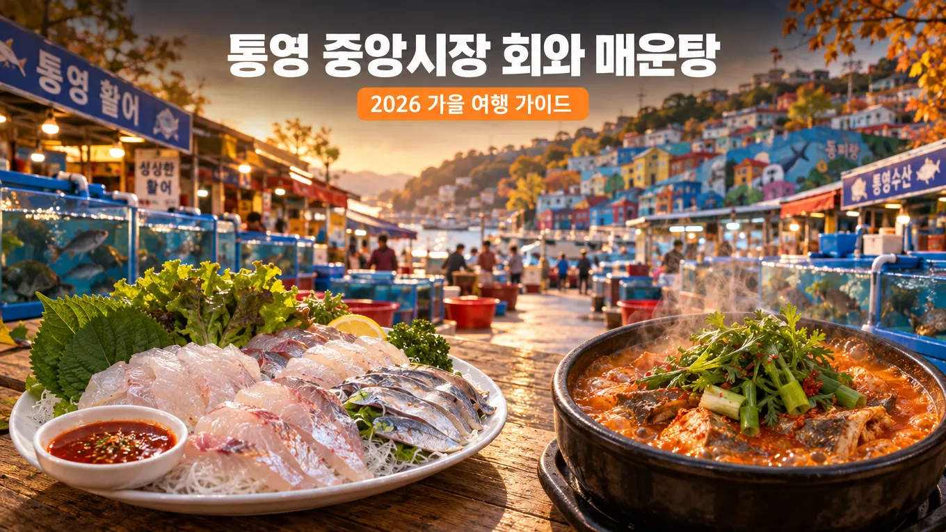 통영 중앙시장 먹거리 회와 매운탕 2026 가을 여행 완벽 정리의 핵심 내용을 보여주는 가로형 대표 이미지