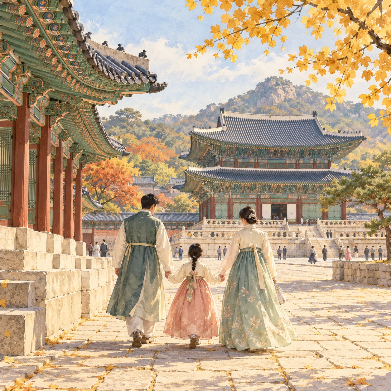 가을 궁중문화축전 가족 나들이 분위기를 표현한 AI 일러스트