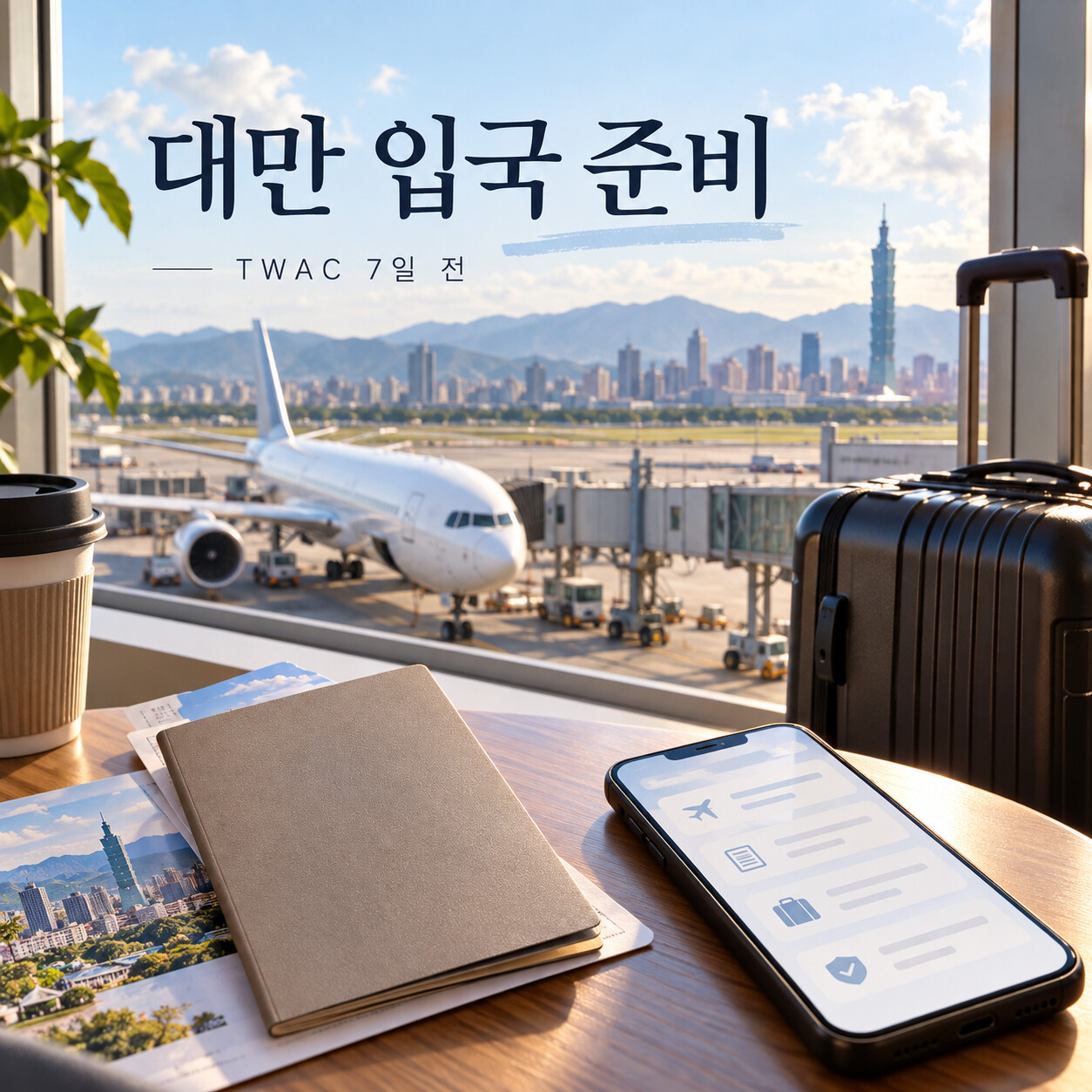 대만 입국카드 TWAC 준비를 표현한 공항과 여권 AI 여행 일러스트