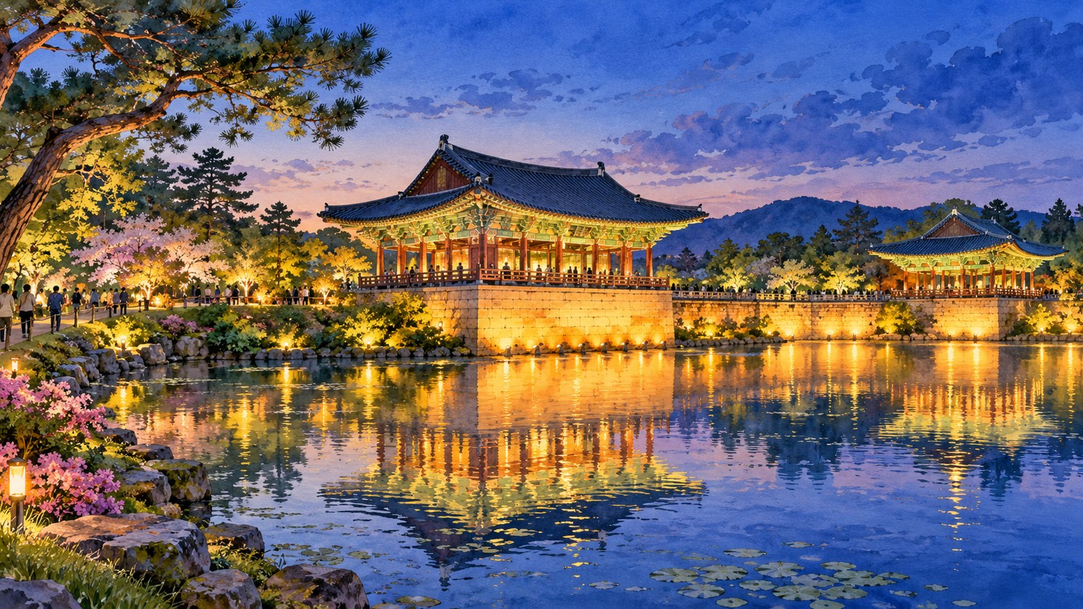 경주 야경 코스의 연못과 전각 불빛을 표현한 동궁과 월지 영감의 AI 일러스트