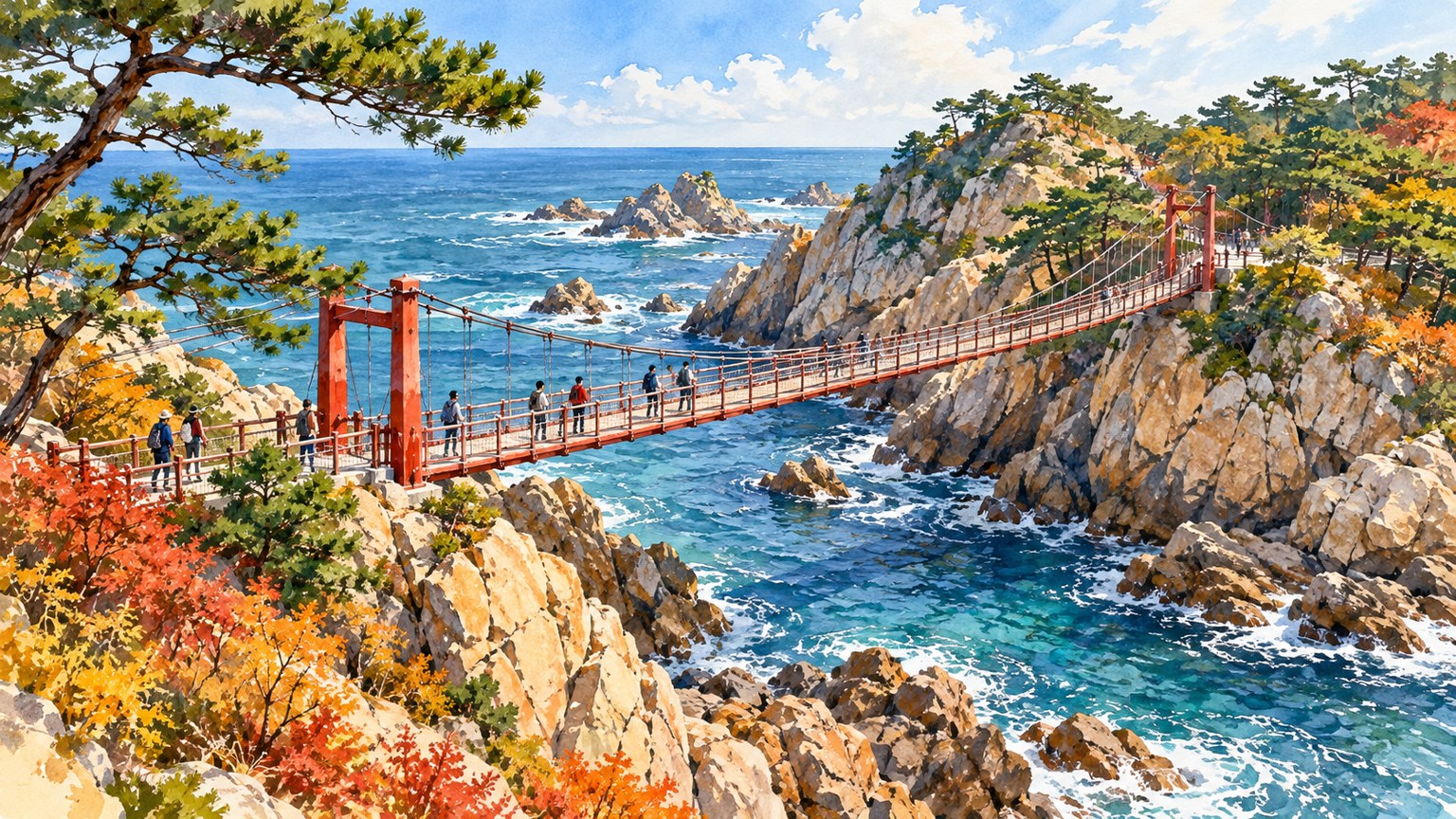 대왕암공원 출렁다리와 울산 해안 소나무를 표현한 AI 여행 일러스트