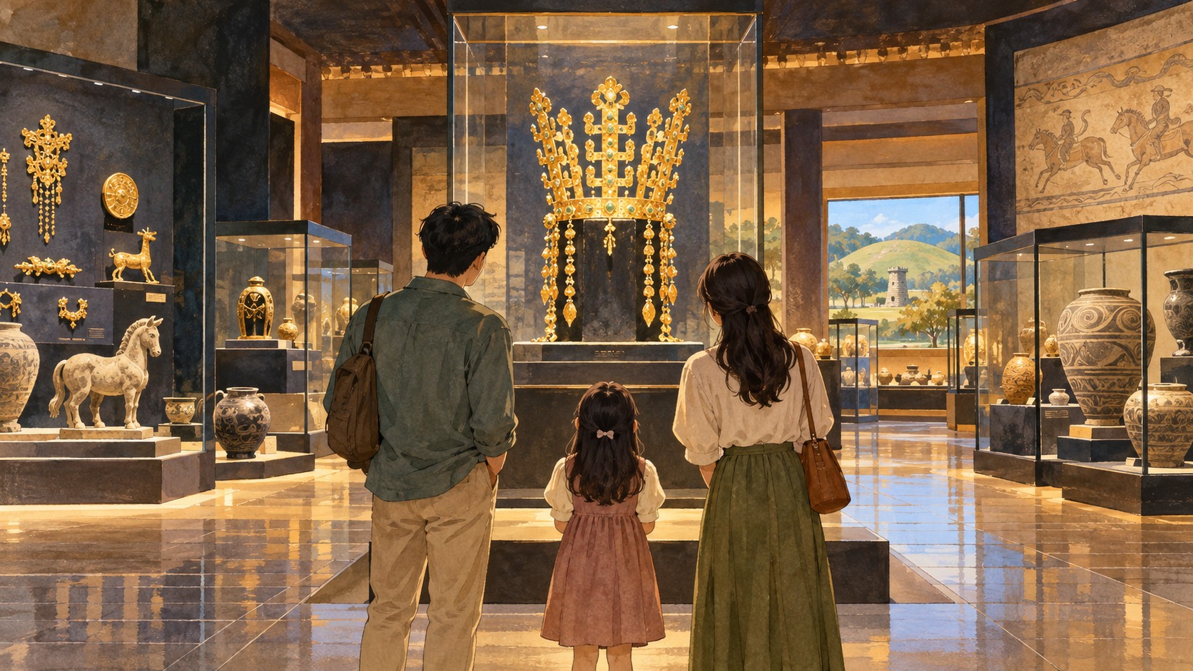국립경주박물관 아이와 일반전시를 관람하는 모습을 표현한 AI 일러스트