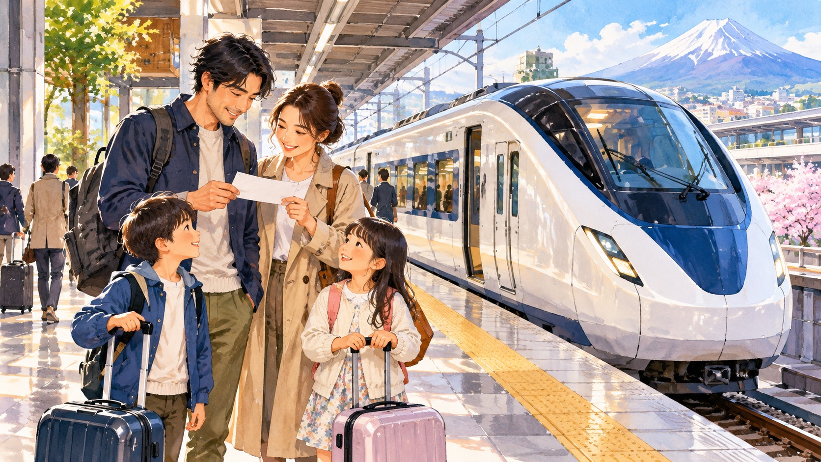 하루카 할인 편도 티켓을 준비하는 가족과 일본 공항 특급열차 AI 일러스트
