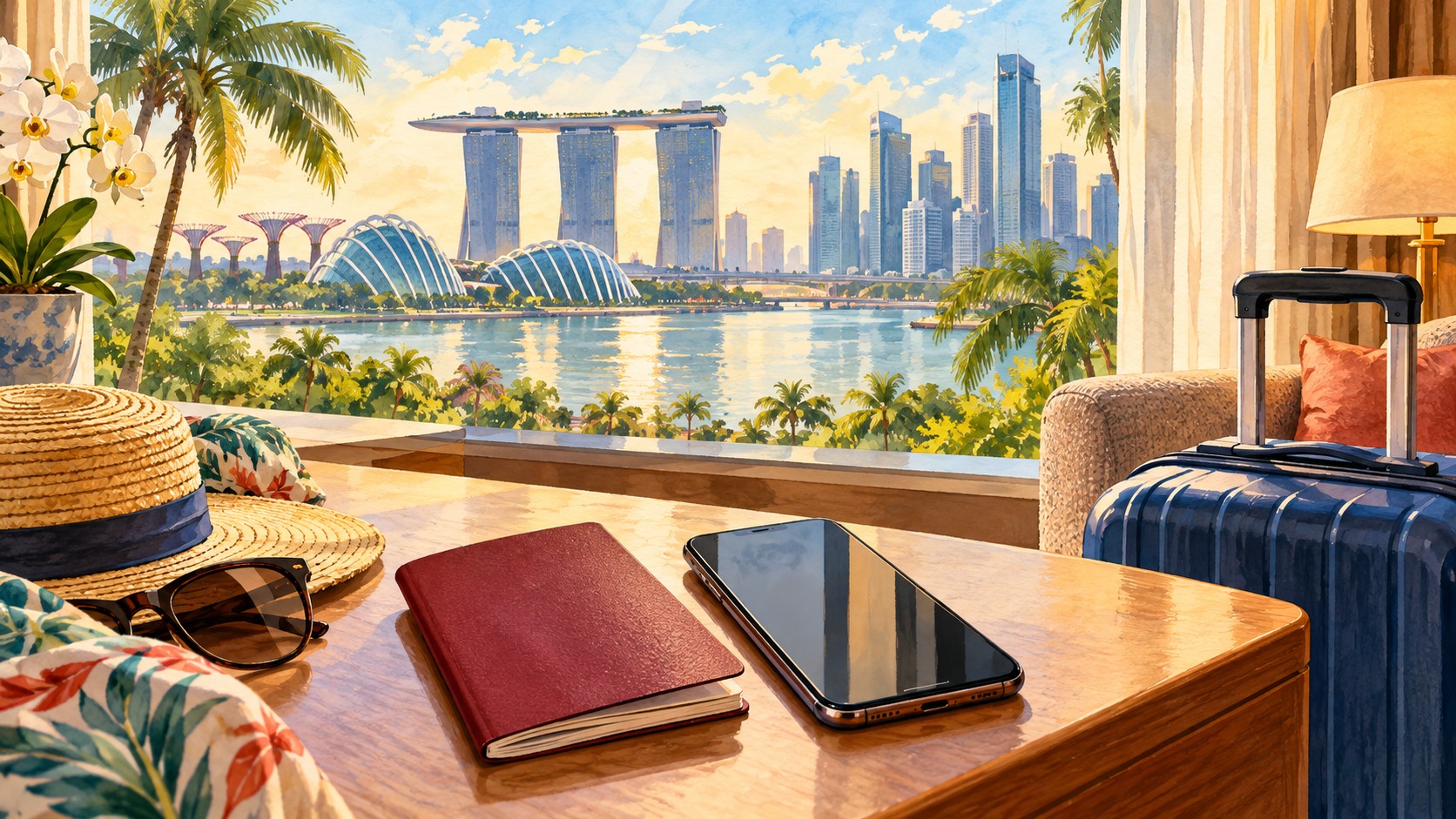 싱가포르 SG Arrival Card 준비를 상징하는 스마트폰과 여행 가방 AI 일러스트