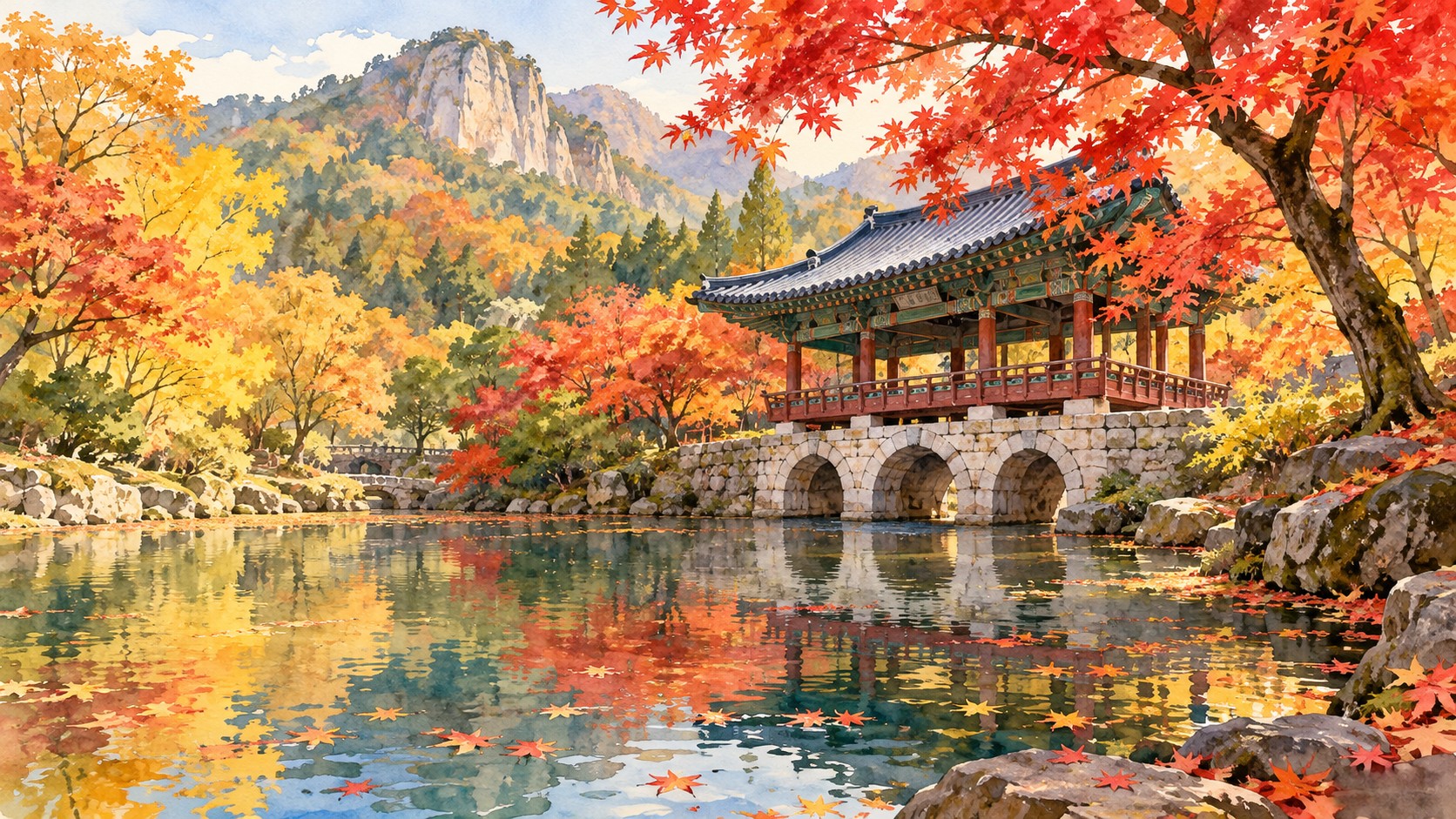 백양사 단풍 여행을 표현한 AI 일러스트