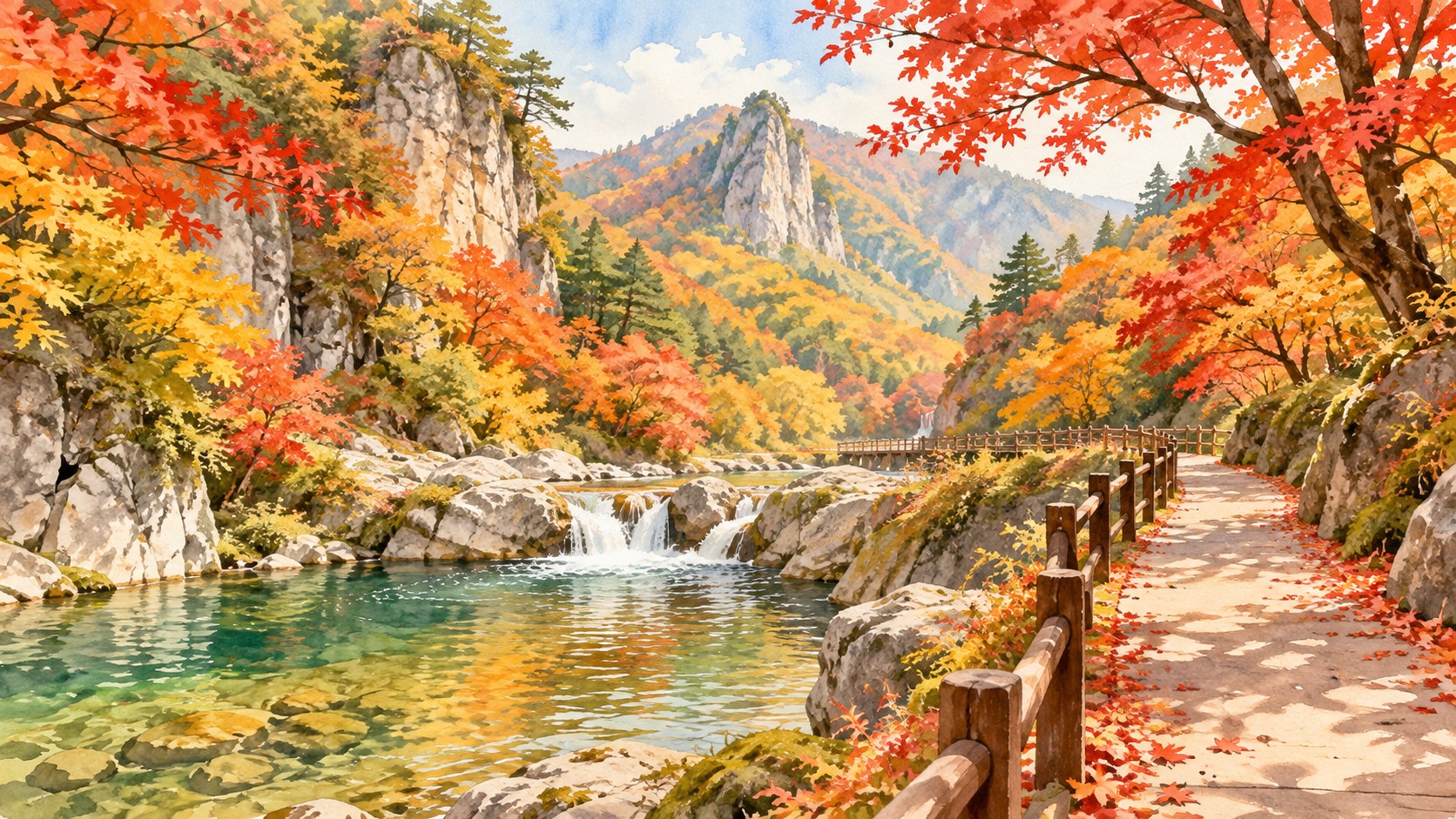 강천산 단풍 여행을 표현한 AI 일러스트