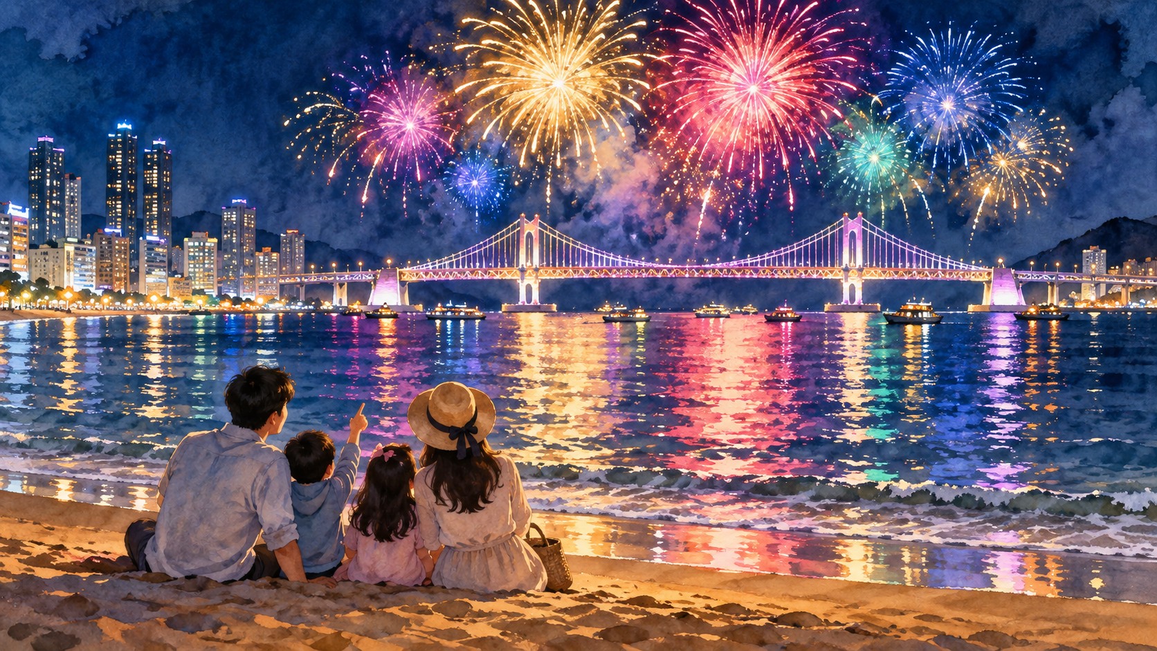 2026 부산불꽃축제 광안대교와 밤바다를 표현한 AI 여행 일러스트