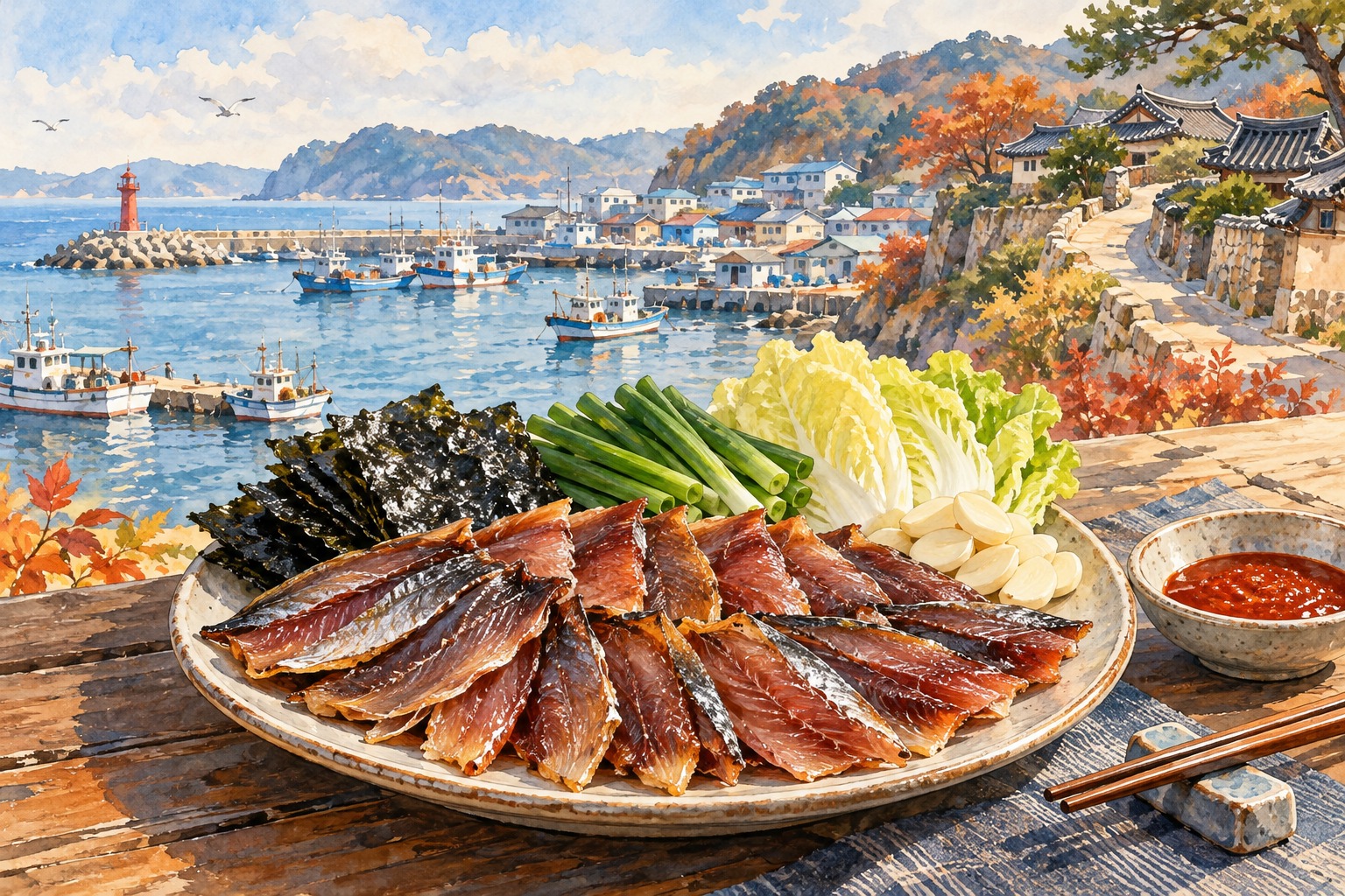 11월 구룡포 과메기 여행의 먹거리와 항구 풍경을 표현한 AI 일러스트