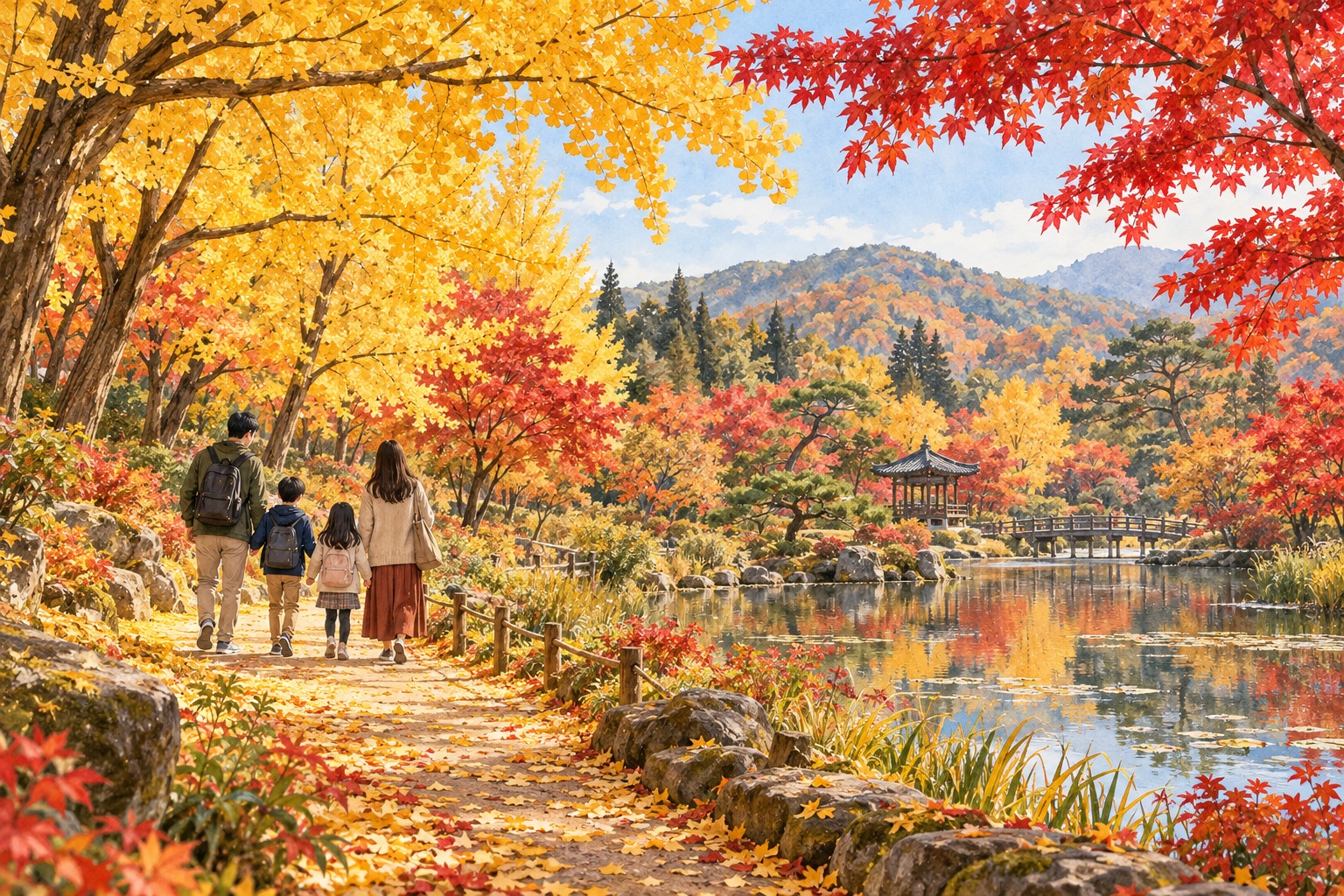 화담숲 예약 대안인 11월 수도권 단풍 산책을 표현한 가족 여행 AI 일러스트