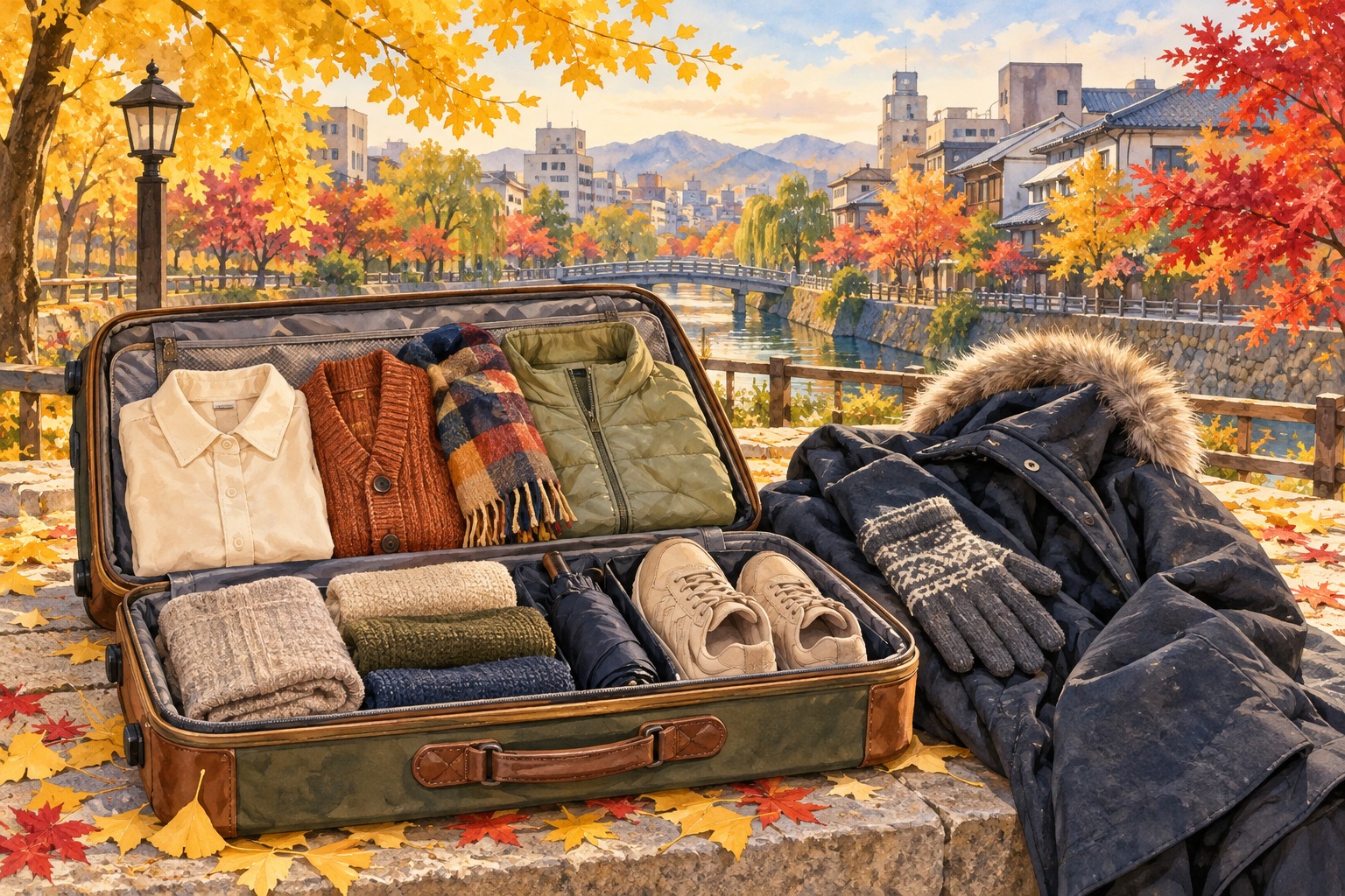 11월 일본 여행 옷차림에 맞춘 가디건·외투·운동화와 가을 여행 짐 AI 일러스트